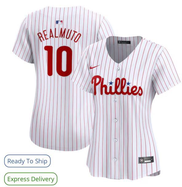 2024 MLB Women Philadelphia Phillies 10 J.T.Realmuto Nike White Home Limited Player Jersey